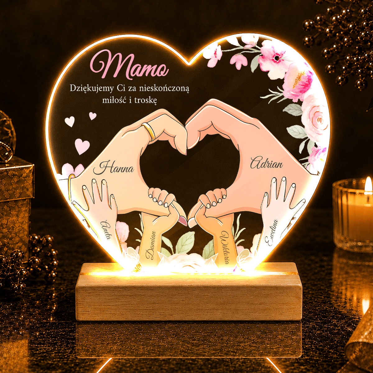 Podziękowania dla mamy + grafika Clipart - Druk na szkle serce, spersonalizowany prezent dla mamy - idamell.com