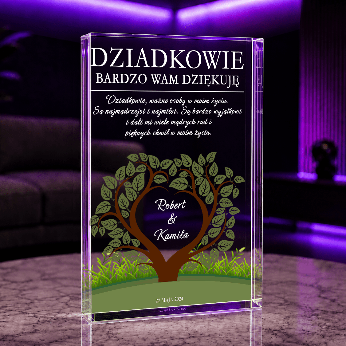 Podziękowanie z motywem drzewa - Druk na szkle, spersonalizowany prezent dla dziadków - idamell.com