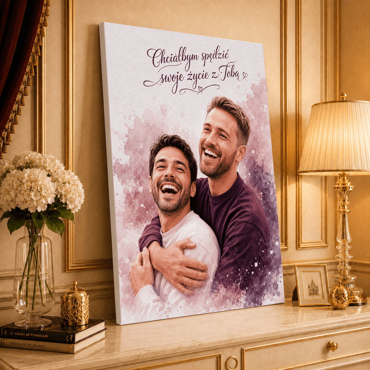 Portret akwarelami + napis - druk na płótnie, spersonalizowany prezent dla pary - idamell.com