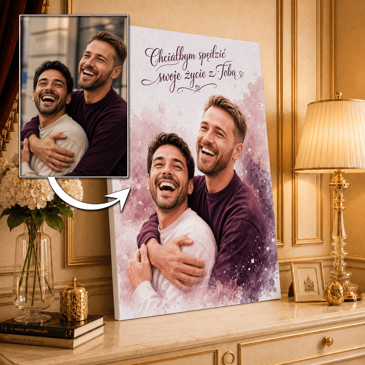 Portret akwarelami + napis - druk na płótnie, spersonalizowany prezent dla pary - idamell.com