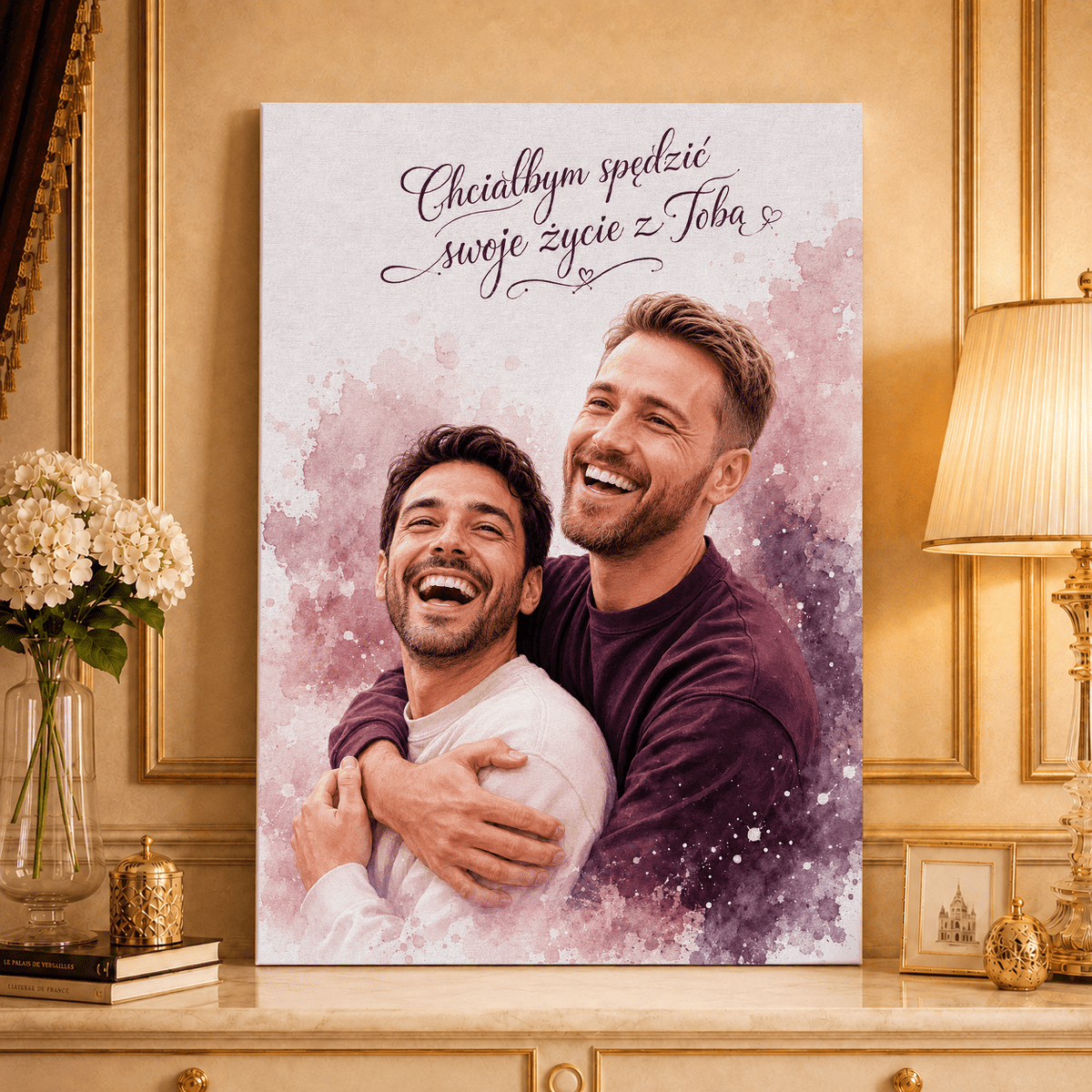 Portret akwarelami + napis - druk na płótnie, spersonalizowany prezent dla pary - idamell.com