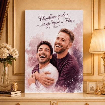 Portret akwarelami + napis - druk na płótnie, spersonalizowany prezent dla pary - idamell.com