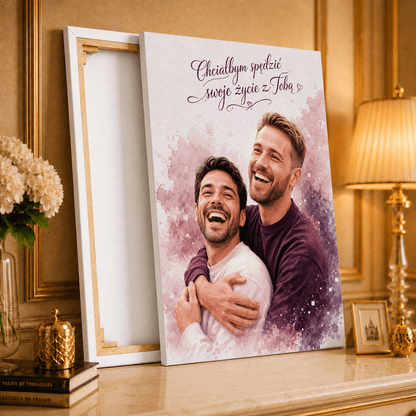 Portret akwarelami + napis - druk na płótnie, spersonalizowany prezent dla pary - idamell.com
