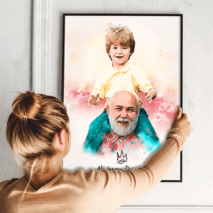 Portret dziadka w stylu akwareli - plakat, spersonalizowany prezent dla dziadka - idamell.com