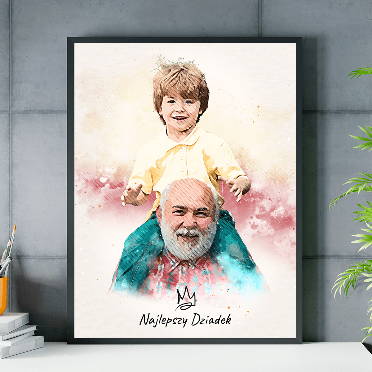 Portret dziadka w stylu akwareli - plakat, spersonalizowany prezent dla dziadka - idamell.com