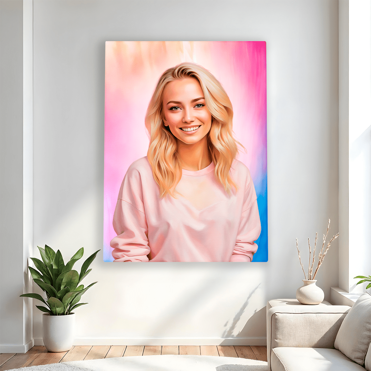 Portret kobiety + kolorowe tło - druk na płótnie, spersonalizowany prezent dla niej - idamell.com