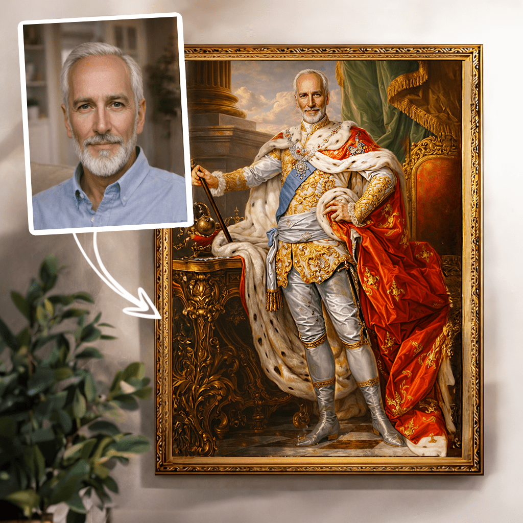 Portret króla - druk na płótnie, spersonalizowany prezent dla niego - idamell.com