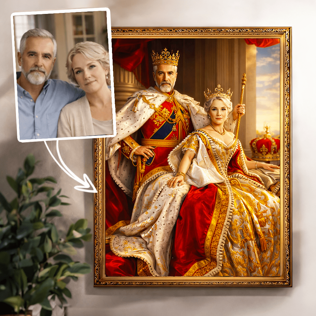 Portret króla z królową - druk na płótnie, spersonalizowany prezent dla dziadków - idamell.com