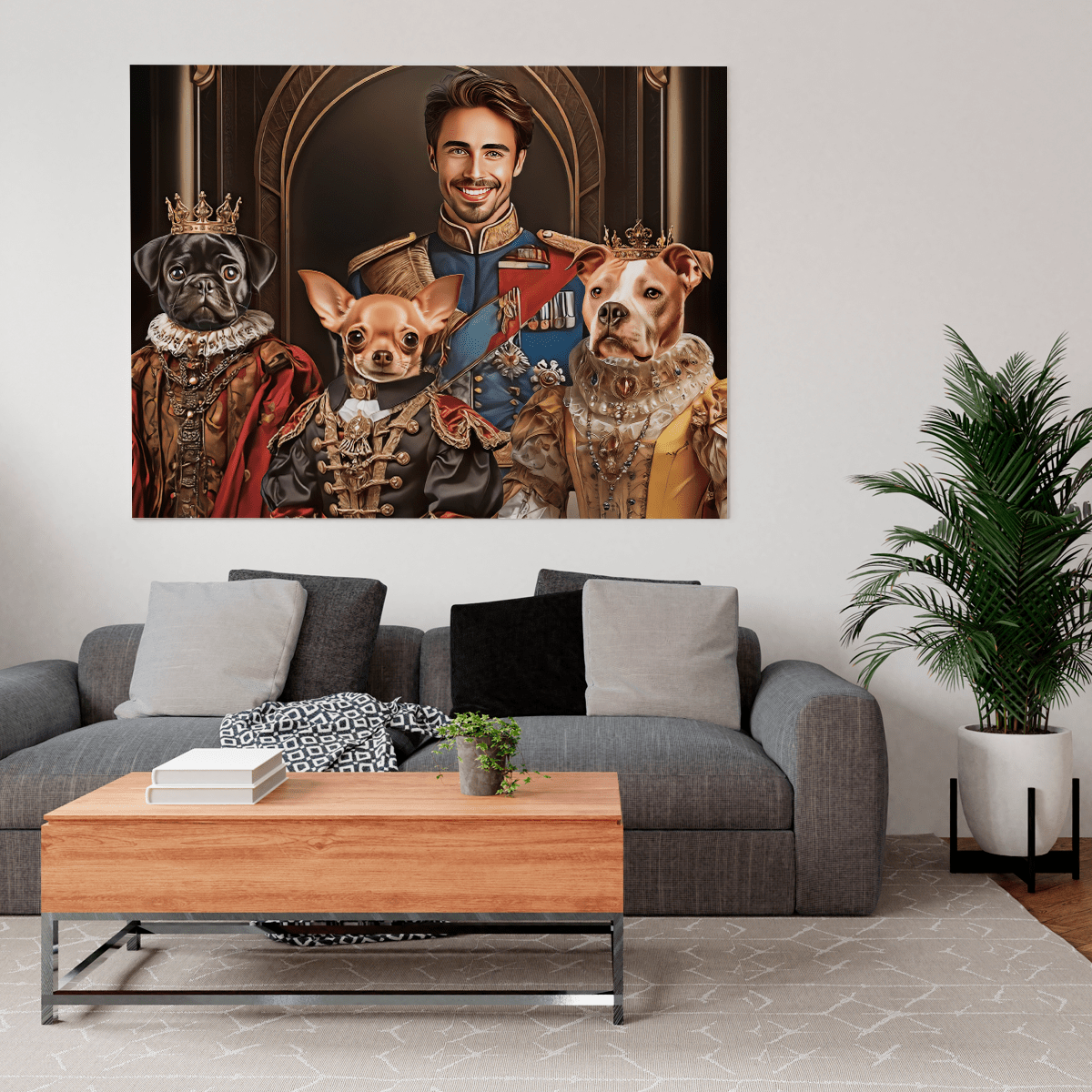 Portret króla z psami - druk na płótnie, spersonalizowany prezent dla niego - idamell.com