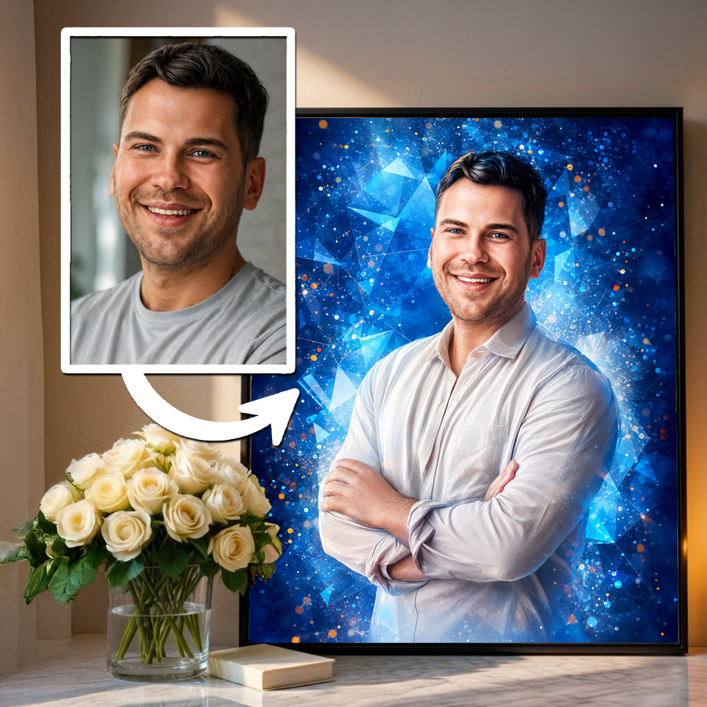 Portret mężczyzny + kolorowe tło - plakat, spersonalizowany prezent dla niego - idamell.com