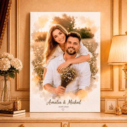 Portret pary akwarelą - druk na płótnie, spersonalizowany prezent dla pary - idamell.com