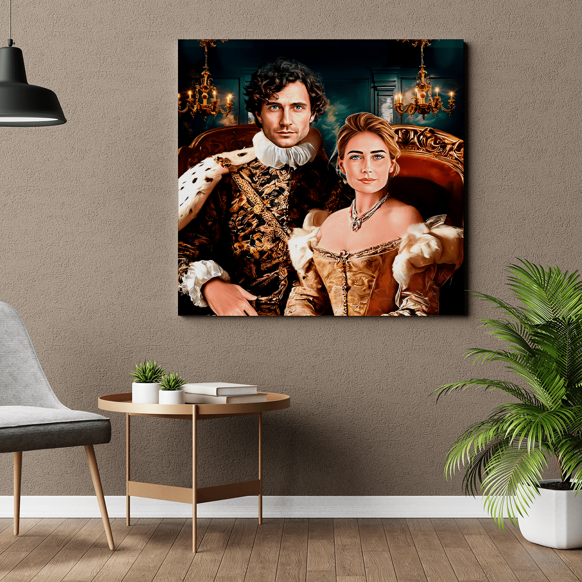 Portret pary królewskiej na tronie - druk na płótnie, spersonalizowany prezent dla pary - idamell.com