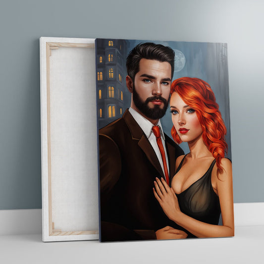 Portret pary w stylu vintage - druk na płótnie, spersonalizowany prezent dla pary - idamell.com