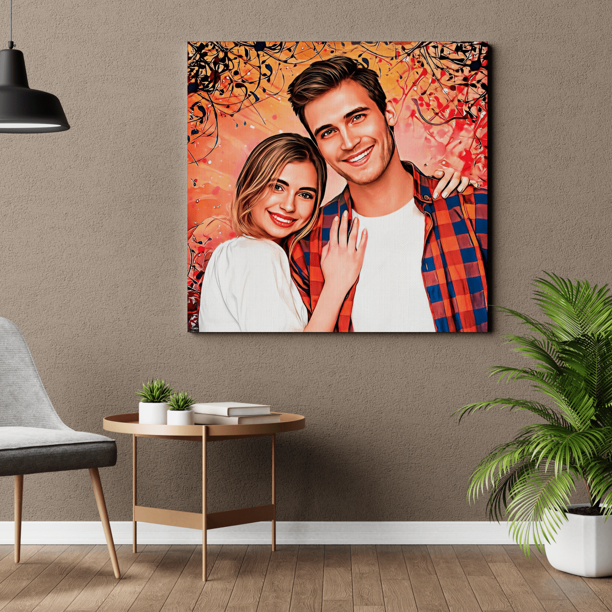 Portret pary z kolorowym tłem - druk na płótnie, spersonalizowany prezent dla pary - idamell.com