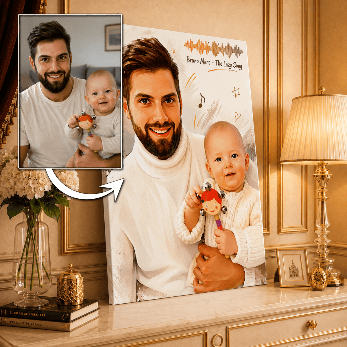 Portret + ścieżka muzyczna - druk na płótnie, spersonalizowany prezent dla taty - idamell.com