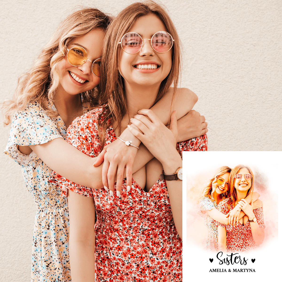 Portret sióstr - plakat, spersonalizowany prezent dla siostry - idamell.com