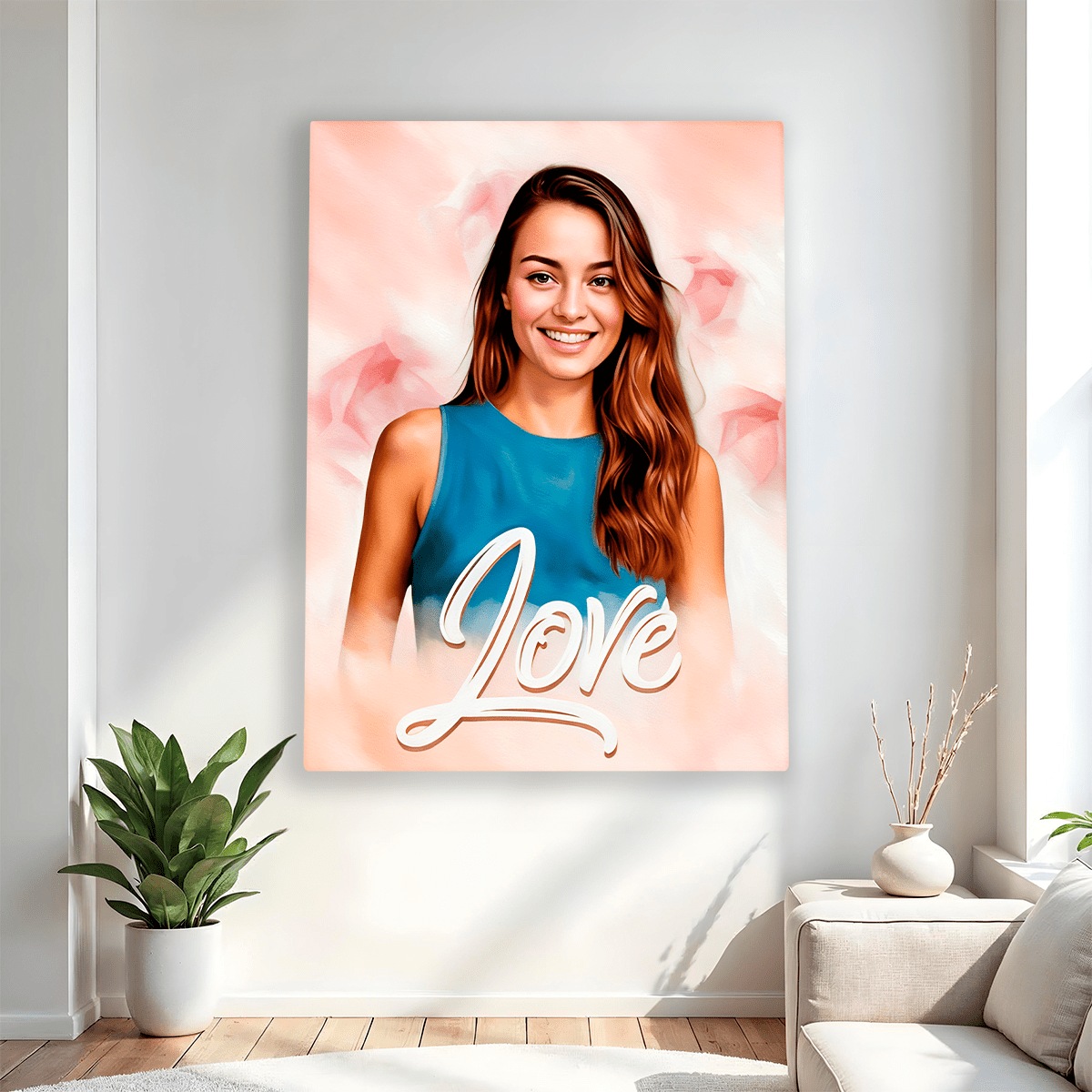 Portret z pastelowym tłem - druk na płótnie, spersonalizowany prezent dla niej - idamell.com