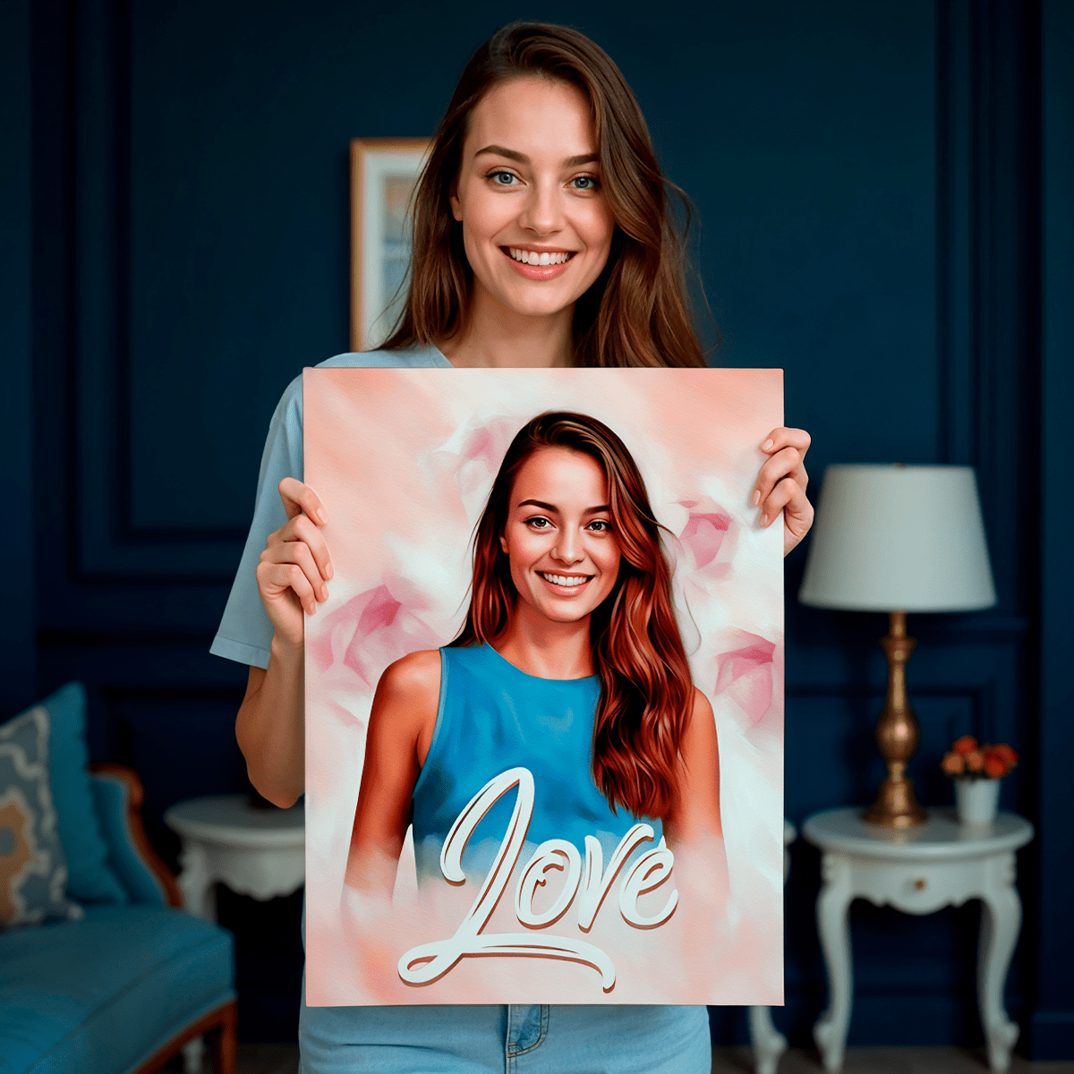 Portret z pastelowym tłem - druk na płótnie, spersonalizowany prezent dla niej - idamell.com