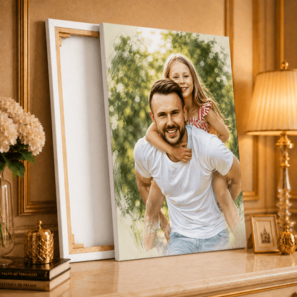 Portret z tatą styl sketch - druk na płótnie, spersonalizowany prezent dla taty - idamell.com
