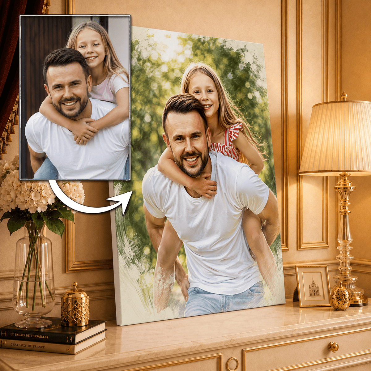 Portret z tatą styl sketch - druk na płótnie, spersonalizowany prezent dla taty - idamell.com