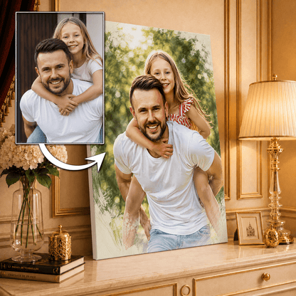 Portret z tatą styl sketch - druk na płótnie, spersonalizowany prezent dla taty - idamell.com