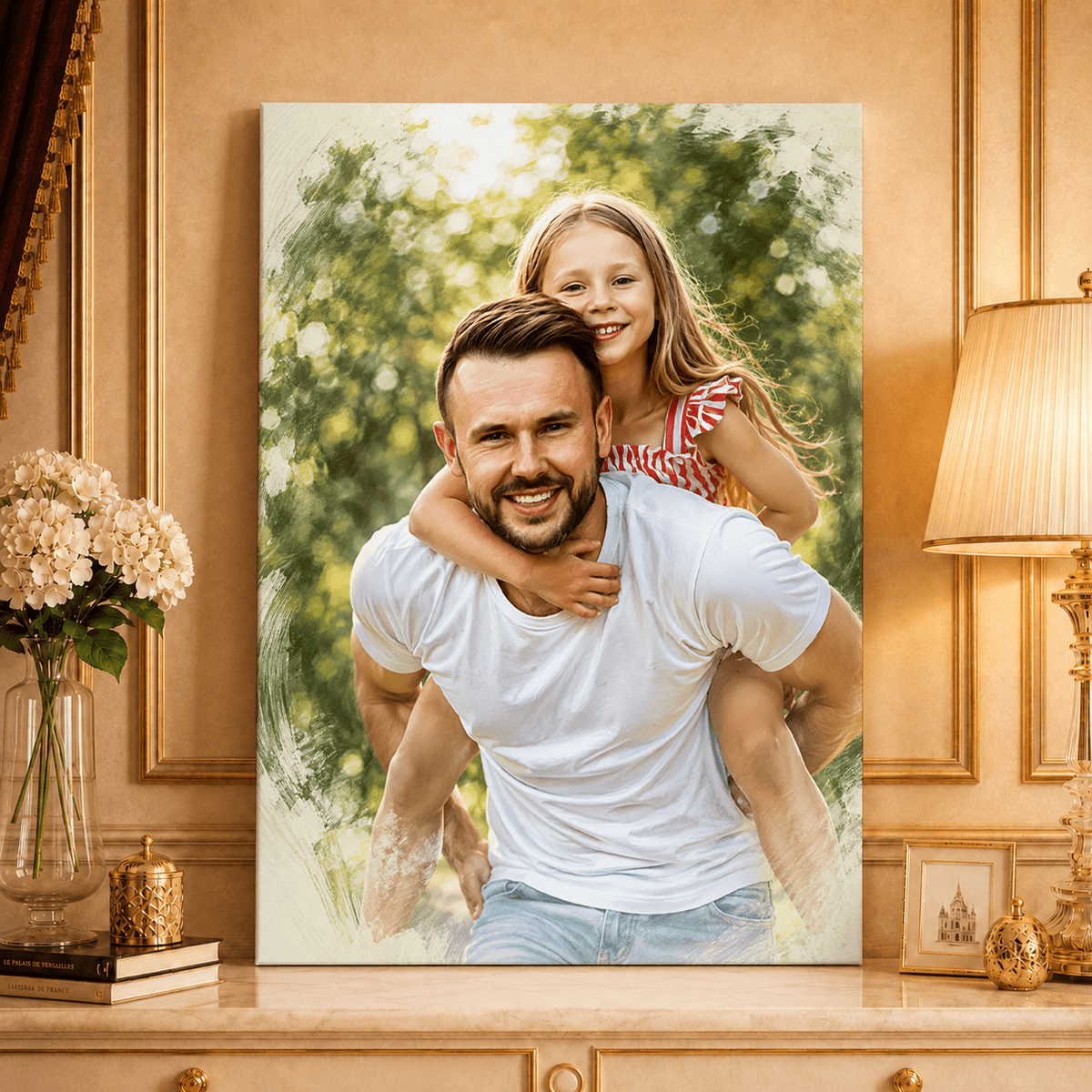 Portret z tatą styl sketch - druk na płótnie, spersonalizowany prezent dla taty - idamell.com
