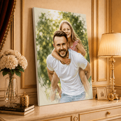Portret z tatą styl sketch - druk na płótnie, spersonalizowany prezent dla taty - idamell.com