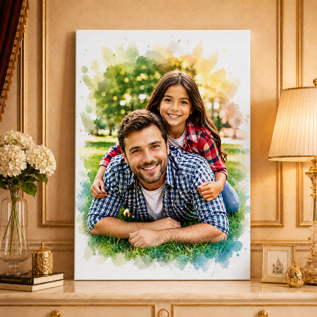 Portret z tatą w stylu akwareli - druk na płótnie, spersonalizowany prezent dla taty - idamell.com
