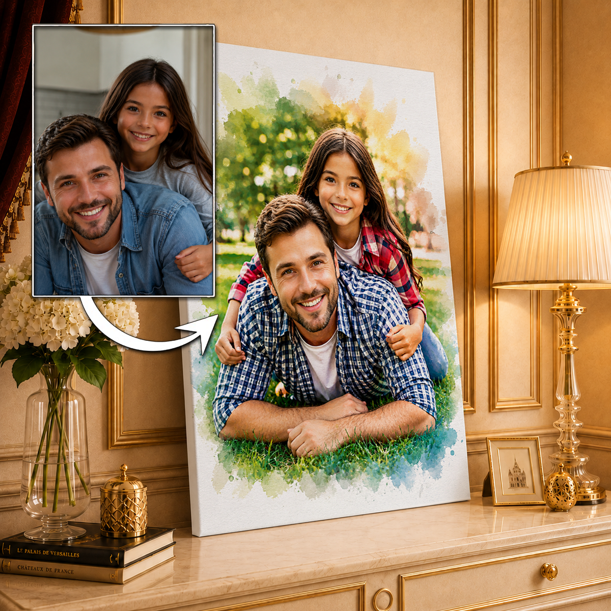 Portret z tatą w stylu akwareli - druk na płótnie, spersonalizowany prezent dla taty - idamell.com