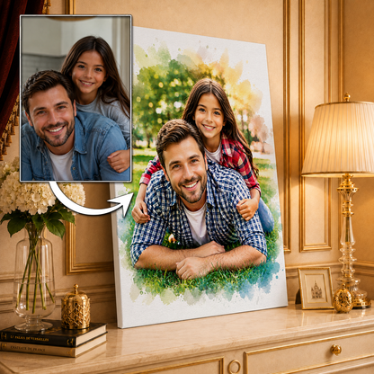 Portret z tatą w stylu akwareli - druk na płótnie, spersonalizowany prezent dla taty - idamell.com