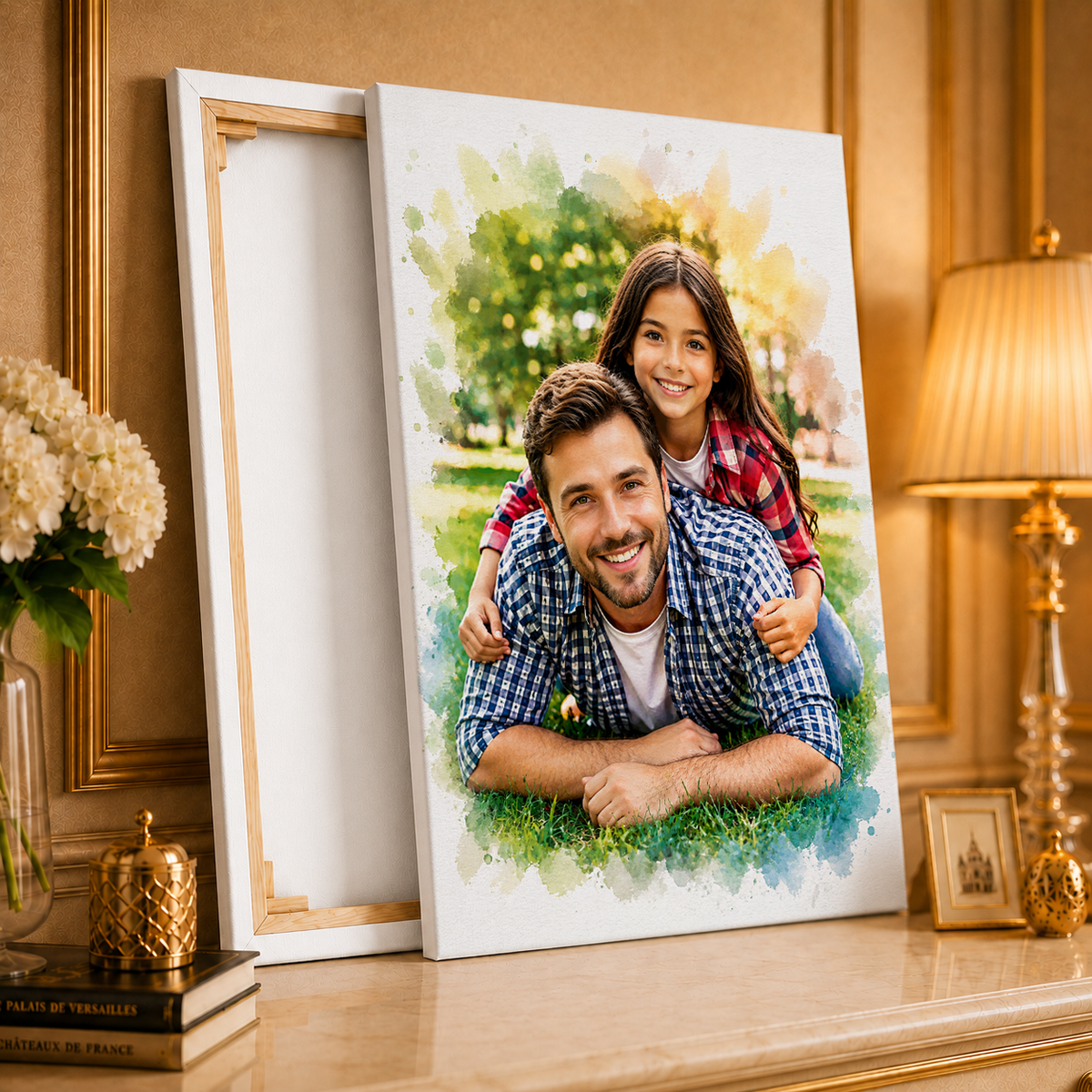 Portret z tatą w stylu akwareli - druk na płótnie, spersonalizowany prezent dla taty - idamell.com
