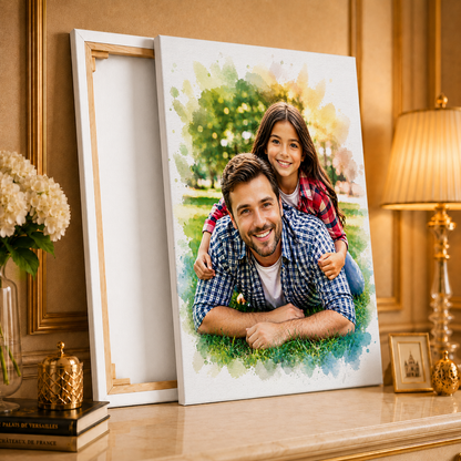 Portret z tatą w stylu akwareli - druk na płótnie, spersonalizowany prezent dla taty - idamell.com