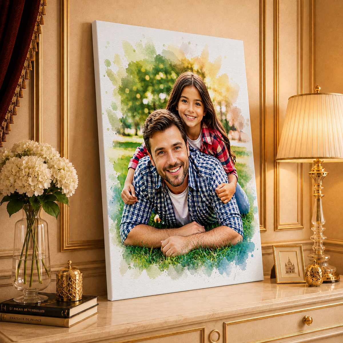 Portret z tatą w stylu akwareli - druk na płótnie, spersonalizowany prezent dla taty - idamell.com