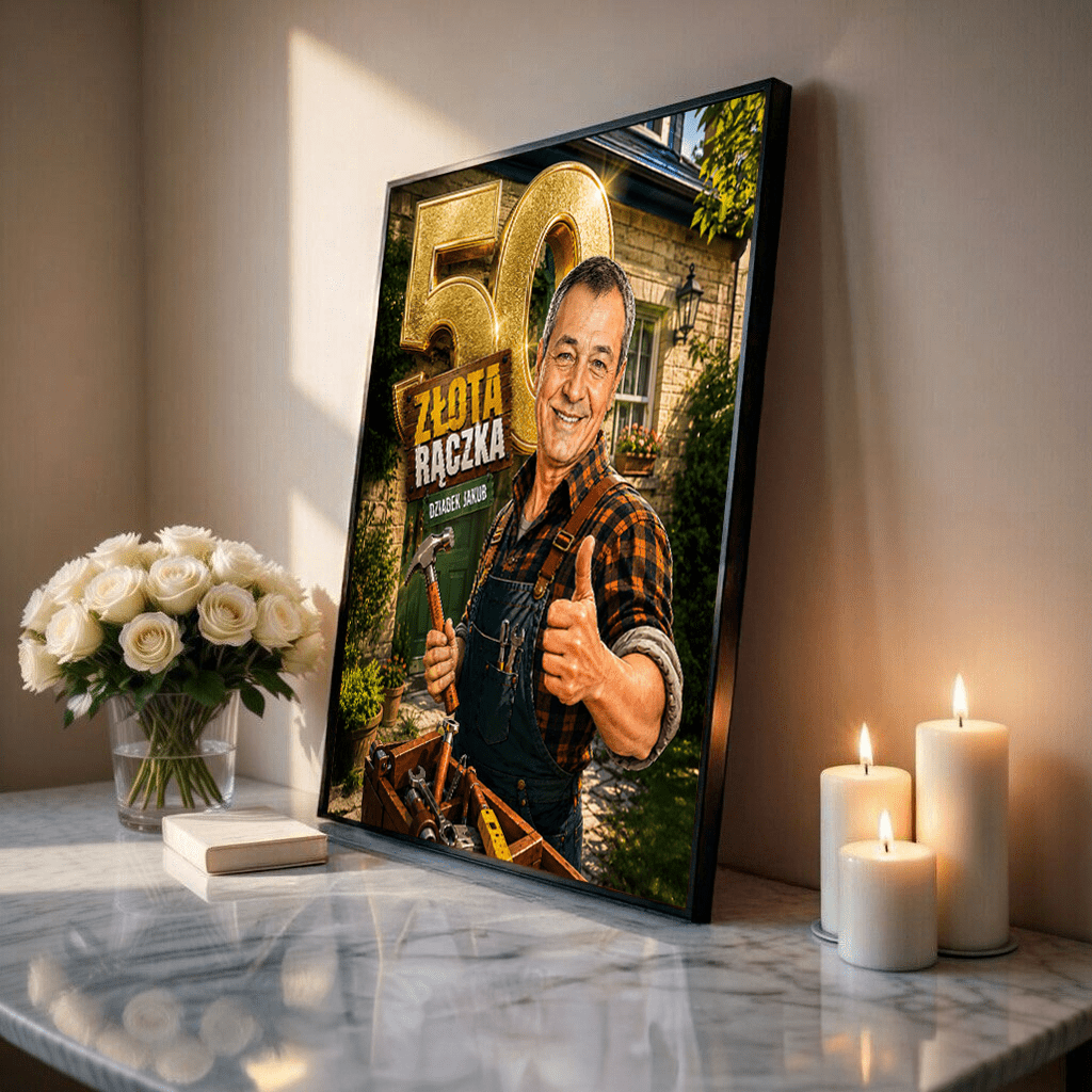 Portret ze zdjęcia na plakacie Złota Rączka prezent dla dziadka - idamell.com