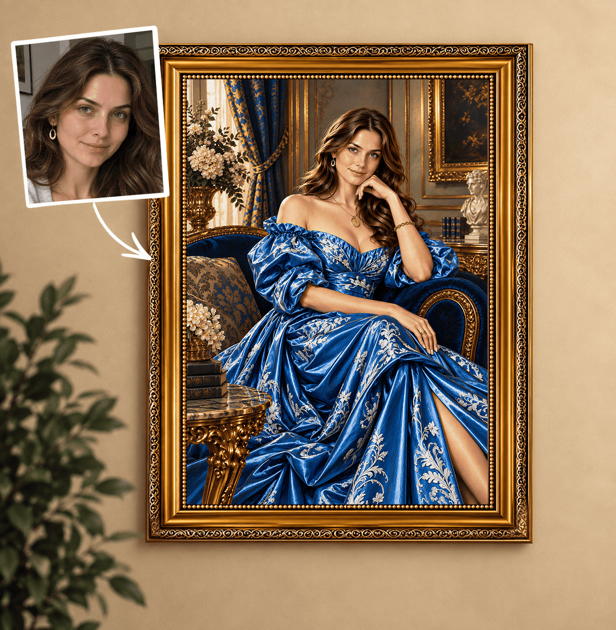 Portret ze zdjęcia na płótnie Dama w niebieskiej sukni — prezent dla kobiety - idamell.com