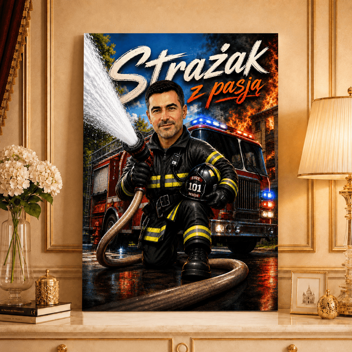 Portret ze zdjęcia na płótnie Ilustracja prezent dla strażaka - idamell.com