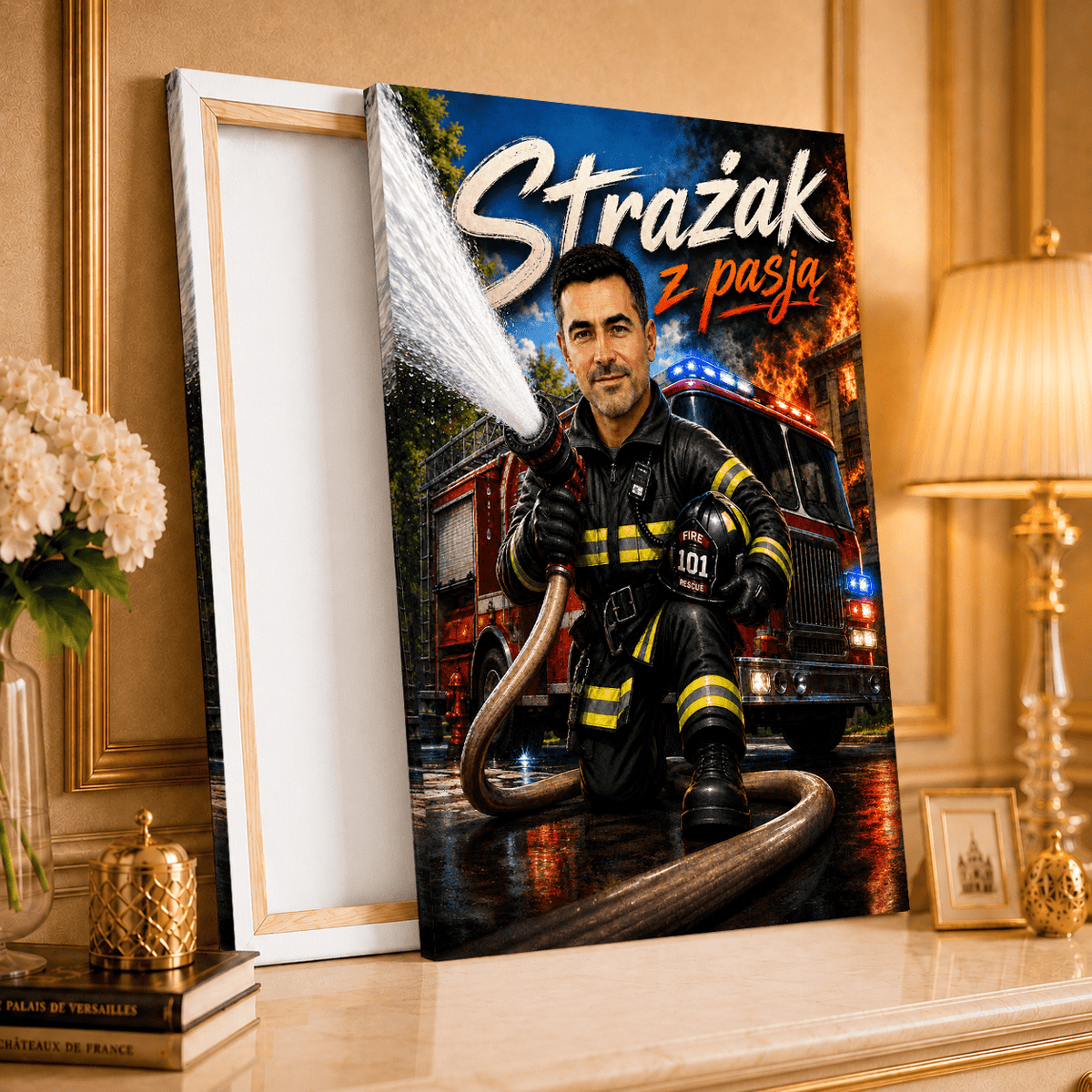 Portret ze zdjęcia na płótnie Ilustracja prezent dla strażaka - idamell.com