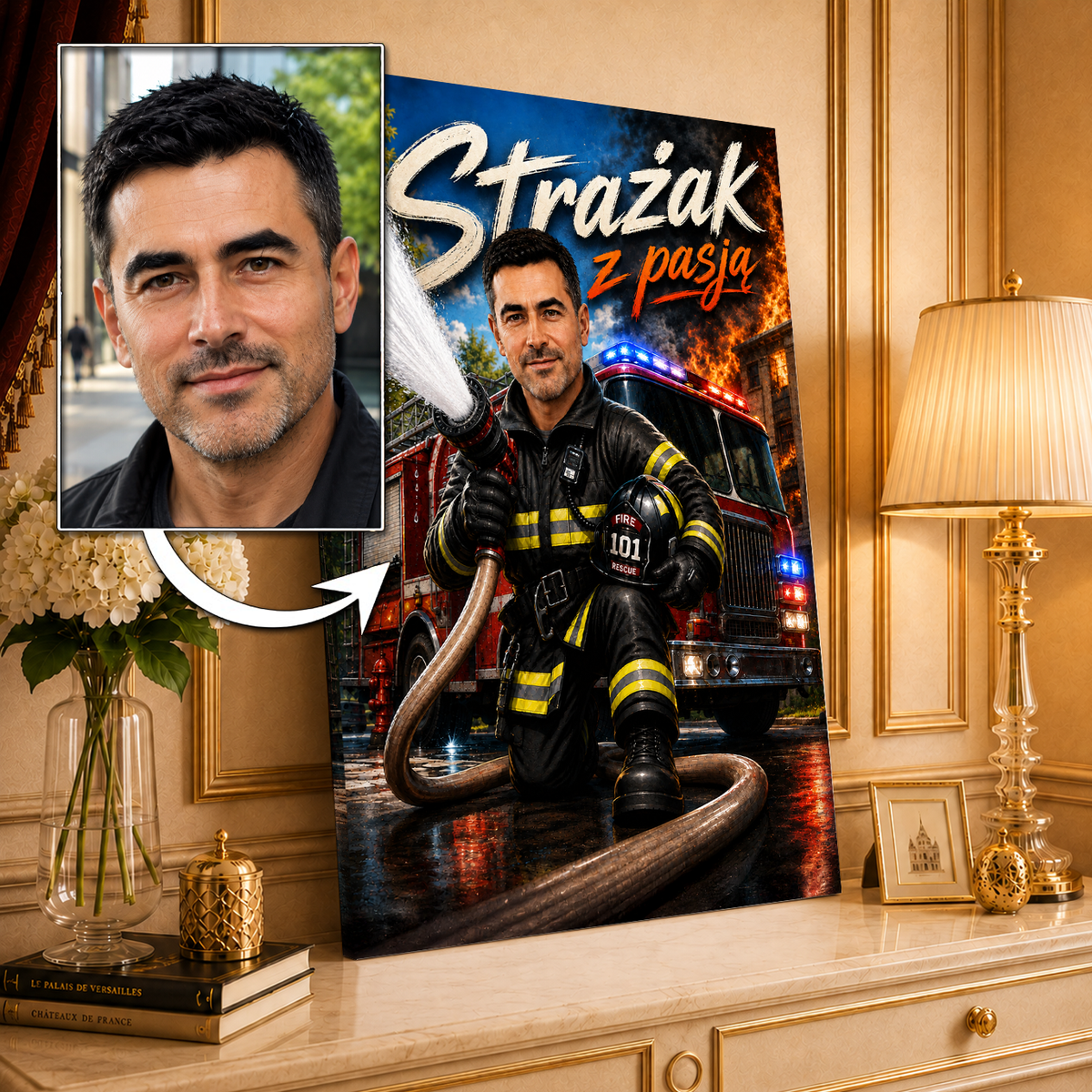 Portret ze zdjęcia na płótnie Ilustracja prezent dla strażaka - idamell.com