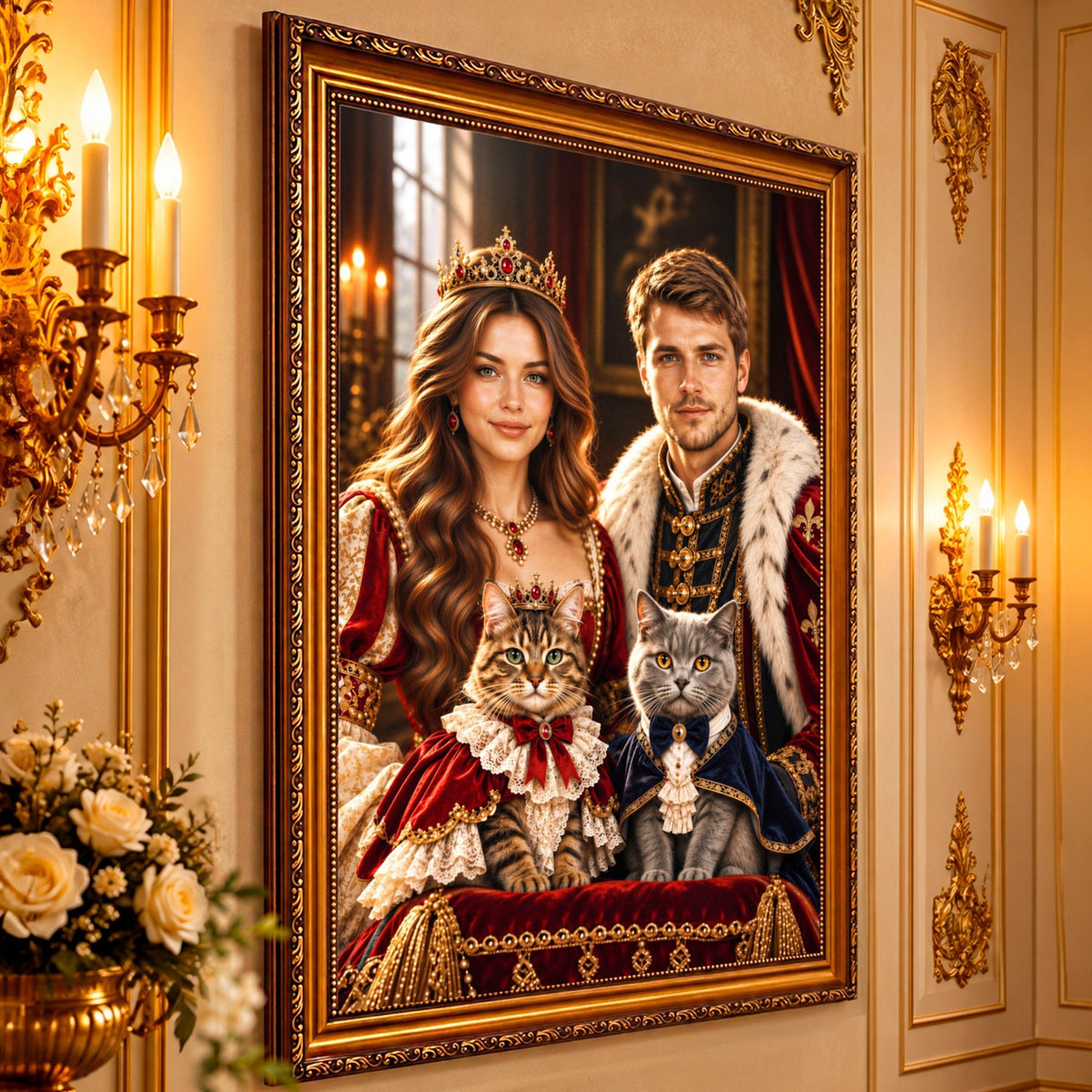 Portret ze zdjęcia na płótnie Para królewska z kotami — prezent dla pary - idamell.com