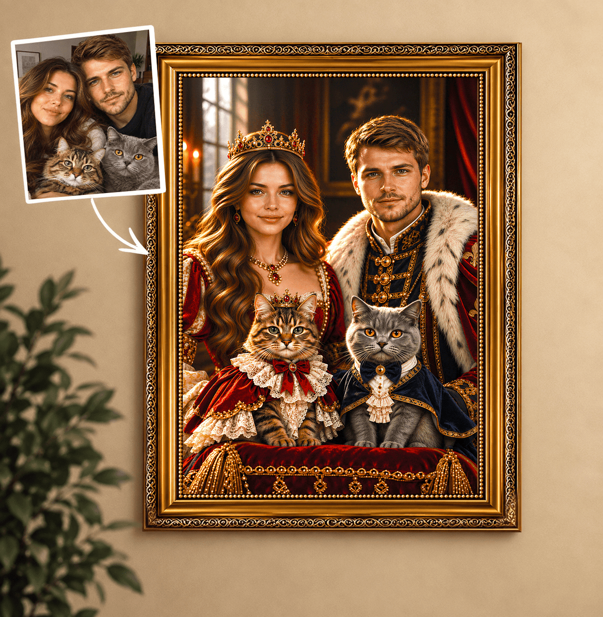 Portret ze zdjęcia na płótnie Para królewska z kotami — prezent dla pary - idamell.com