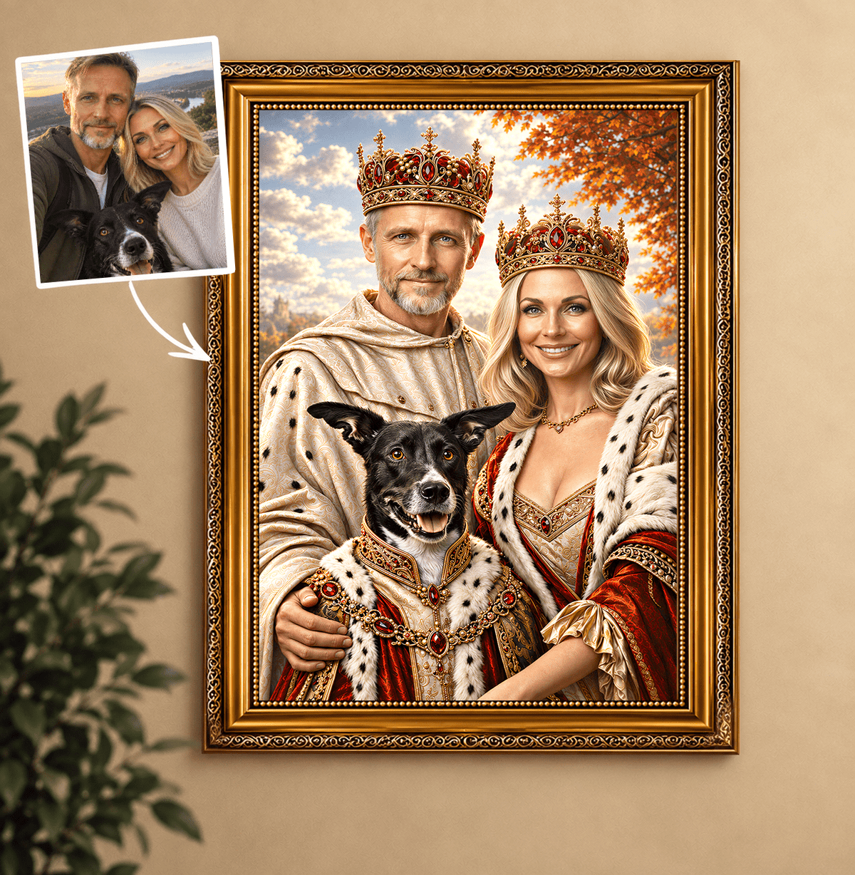 Portret ze zdjęcia na płótnie Para królewska z pupilem — prezent dla pary - idamell.com