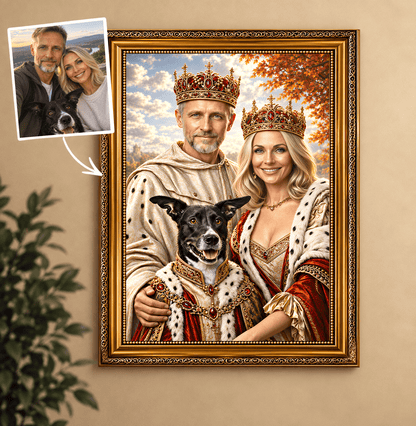 Portret ze zdjęcia na płótnie Para królewska z pupilem — prezent dla pary - idamell.com