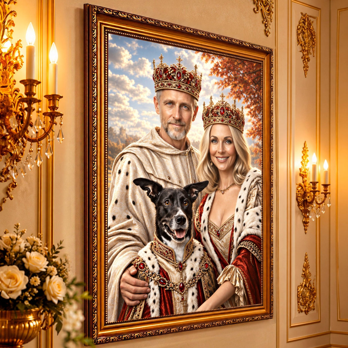 Portret ze zdjęcia na płótnie Para królewska z pupilem — prezent dla pary - idamell.com