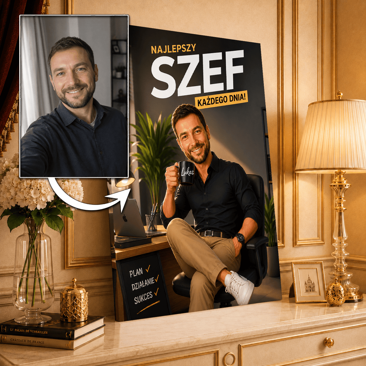 Portret ze zdjęcia na płótnie z życzeniami prezent dla szefa - idamell.com