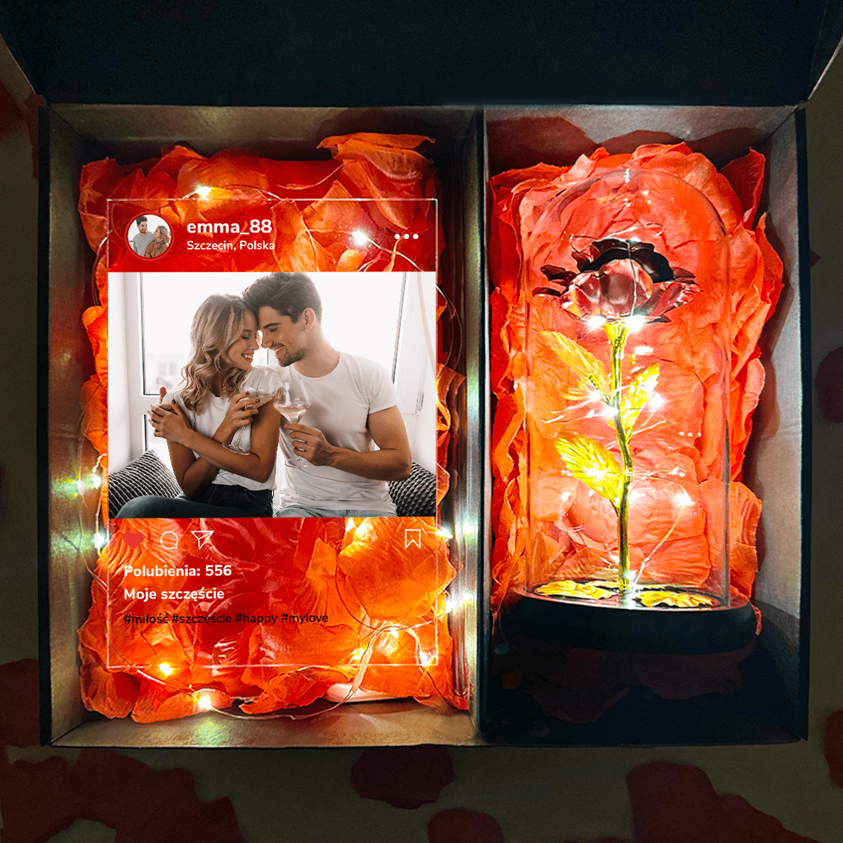 Post Instagram druk na szkle + czerwona wieczna róża box 2 w 1 - zestaw prezentowy box, spersonalizowany prezent dla kobiety - idamell.com