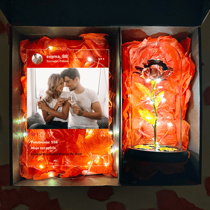 Post Instagram druk na szkle + czerwona wieczna róża box 2 w 1 - zestaw prezentowy box, spersonalizowany prezent dla kobiety - idamell.com