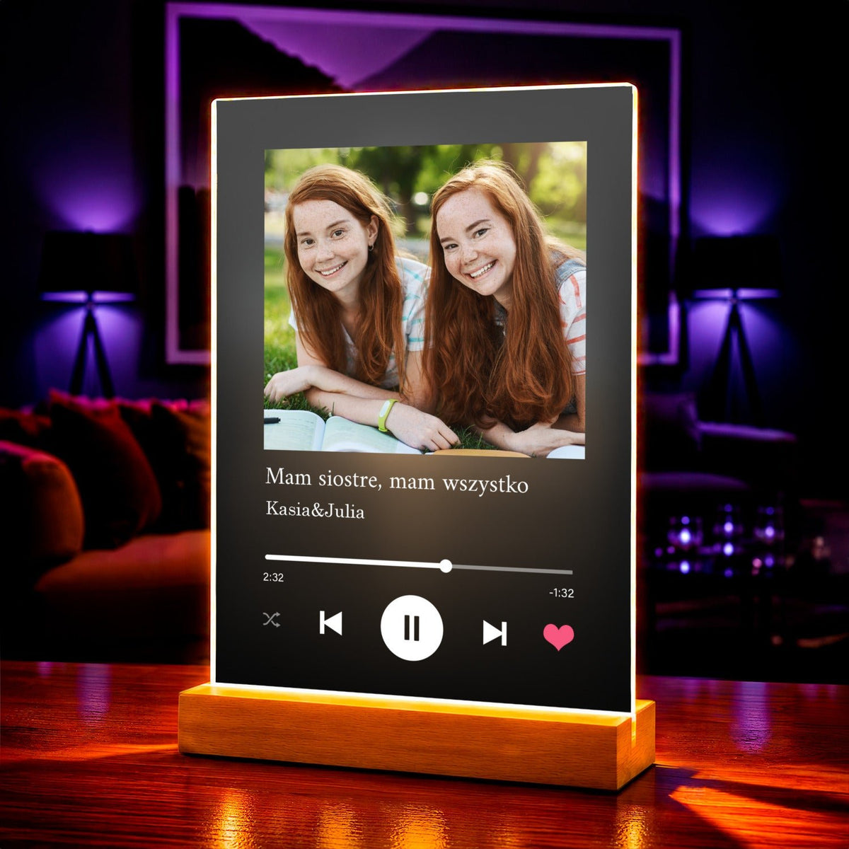 Prezent dla Siostry Spotify - magiczny druk na szkle akrylowym, personalizowany prezent - idamell.com