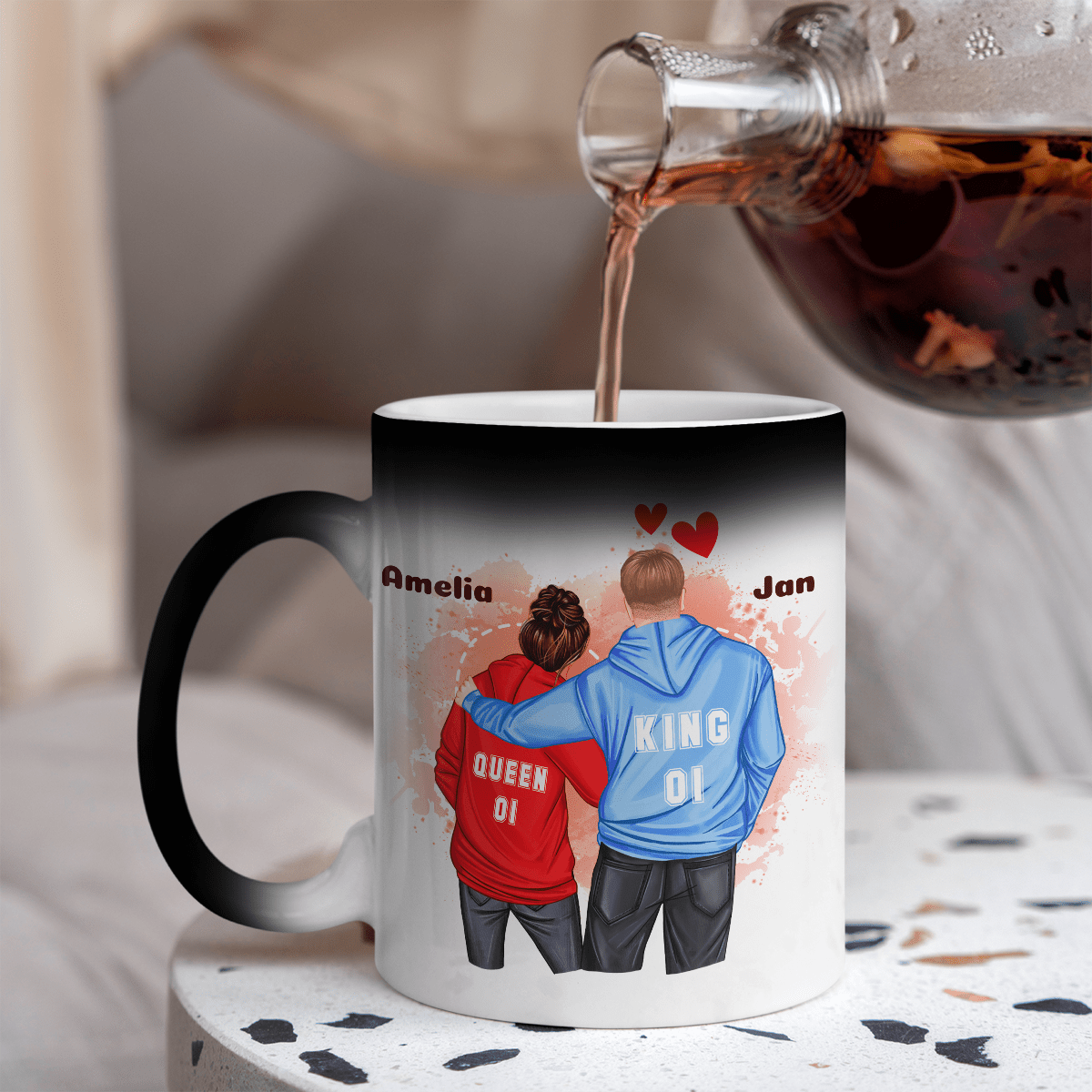 Queen & King - 1x Kubek magiczny z nadrukiem, spersonalizowany prezent dla pary - idamell.com