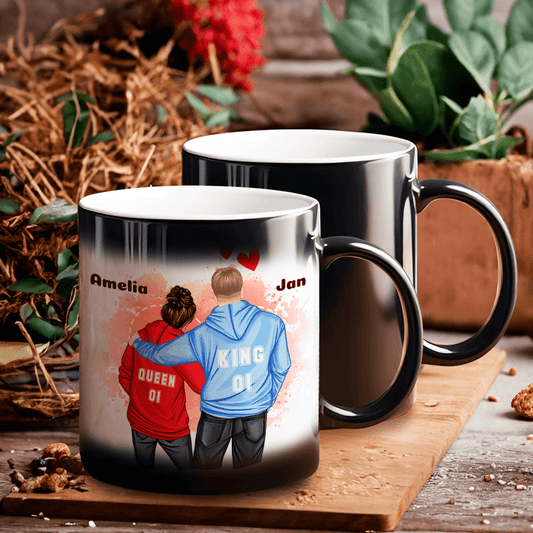 Queen & King - 1x Kubek magiczny z nadrukiem, spersonalizowany prezent dla pary - idamell.com