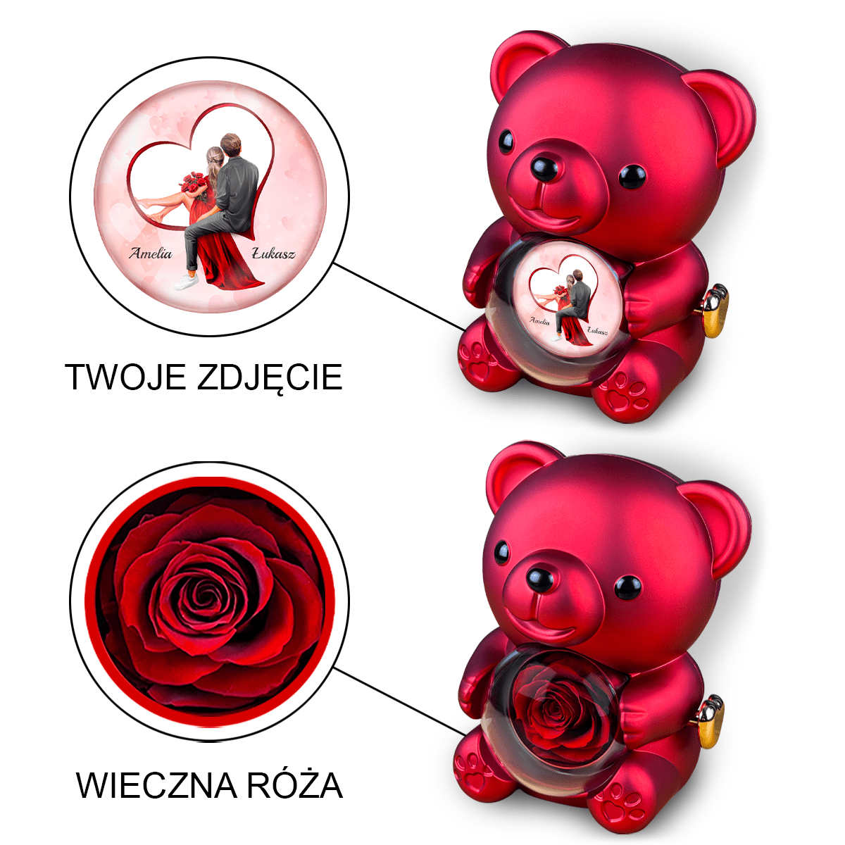 Romantyczny Clipart - Miś z różą wieczną i wydrukiem, spersonalizowany prezent dla niej - idamell.com